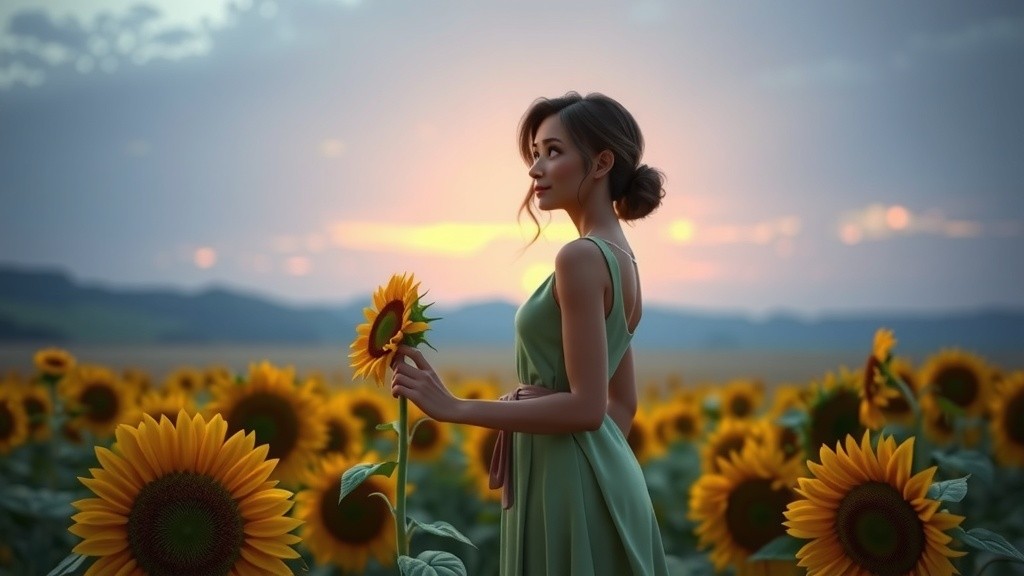 Girl's Joy in a Sunflower Sunrise