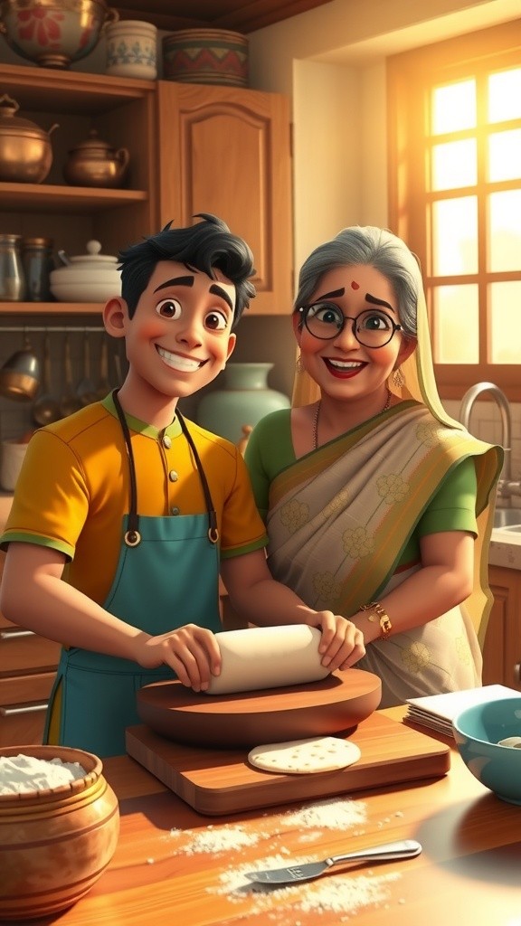 माँ के साथ रोटी बनाना