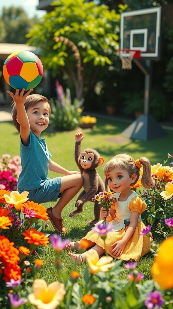 Kids and Monkey Having Fun with Basketball in the Garden