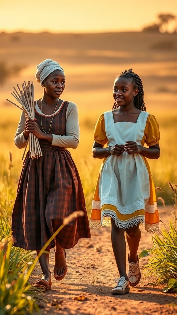 African Woman Collecting Firewood with Her Children
