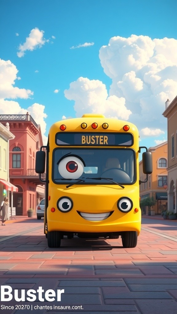 Happy 3D Cartoon Yellow Bus in a Pastel Town