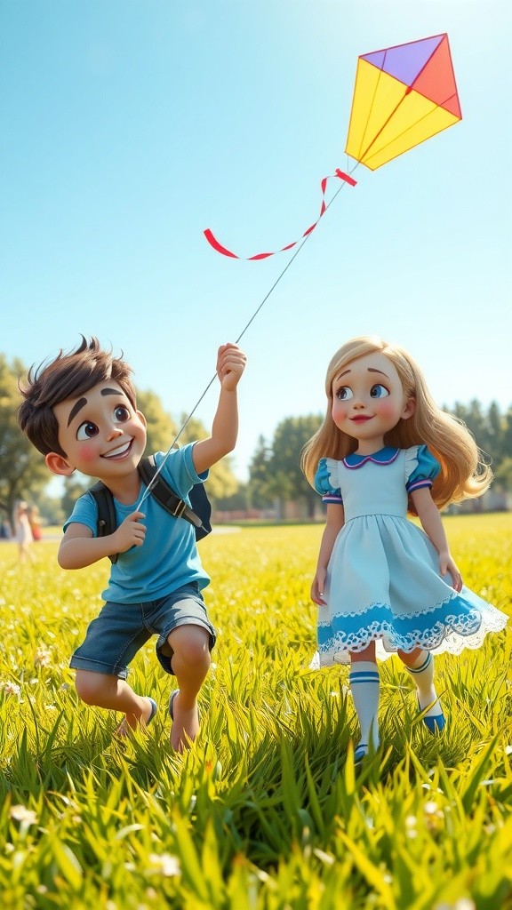 Kids Flying a Kite in 3D Animation