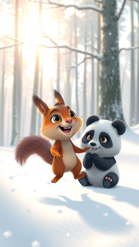 गिलहरी और पांडा का बर्फीला दोस्तों का घर