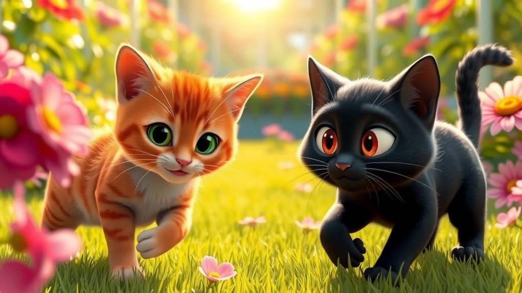 Cats Playing and Chasing Butterflies in the Garden