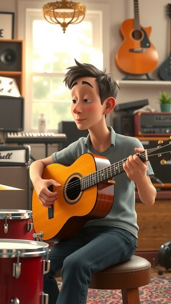 A Boy and His Guitar in a Studio Full of Instruments