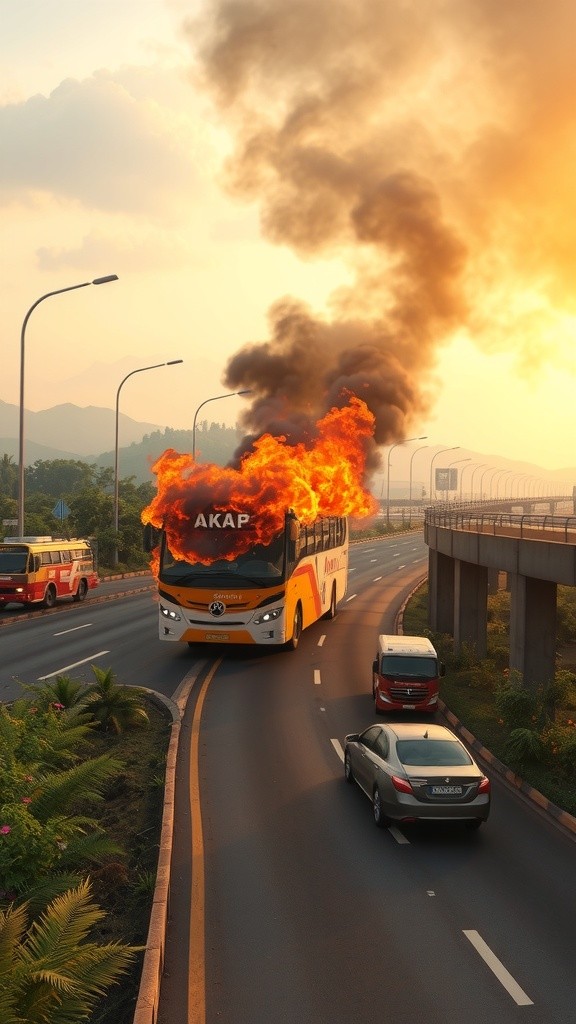 Bus AKAP Terbakar di Tol Semarang Krapyak