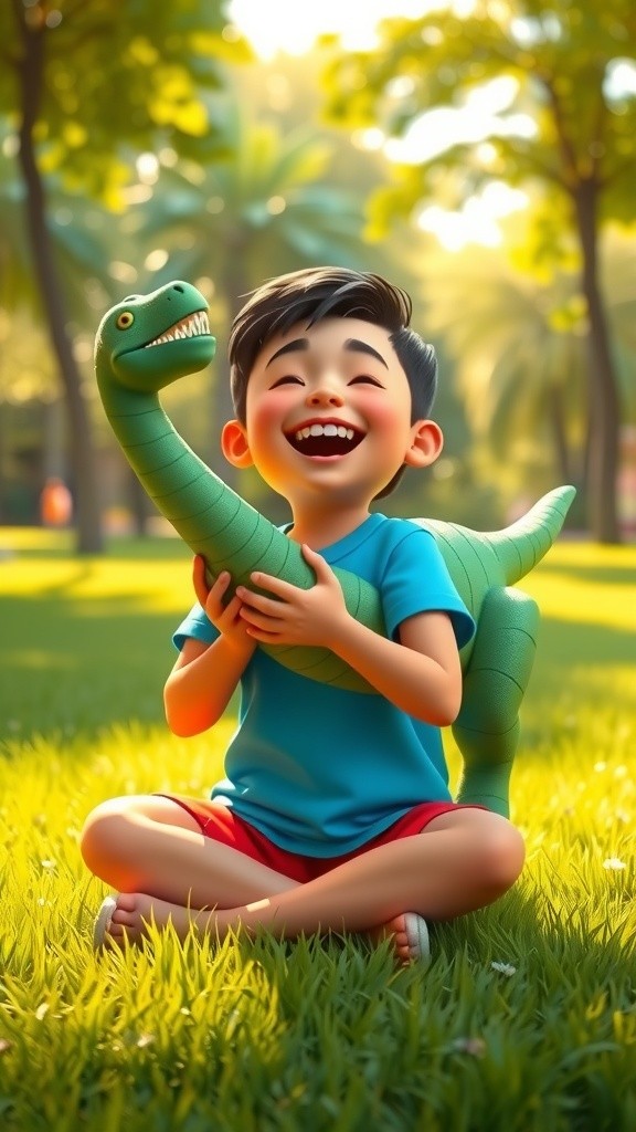 3D Cartoon Child with a Dinosaur