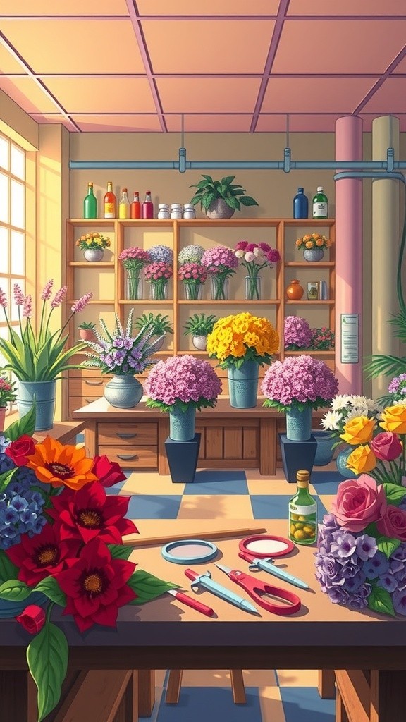 Joyful Teamwork: Crafting a Vibrant Bouquet in a Whimsical Factory Setting