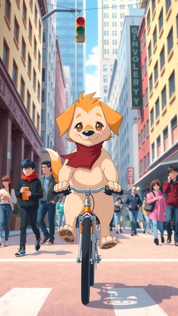 Dog Rides Bike in City
