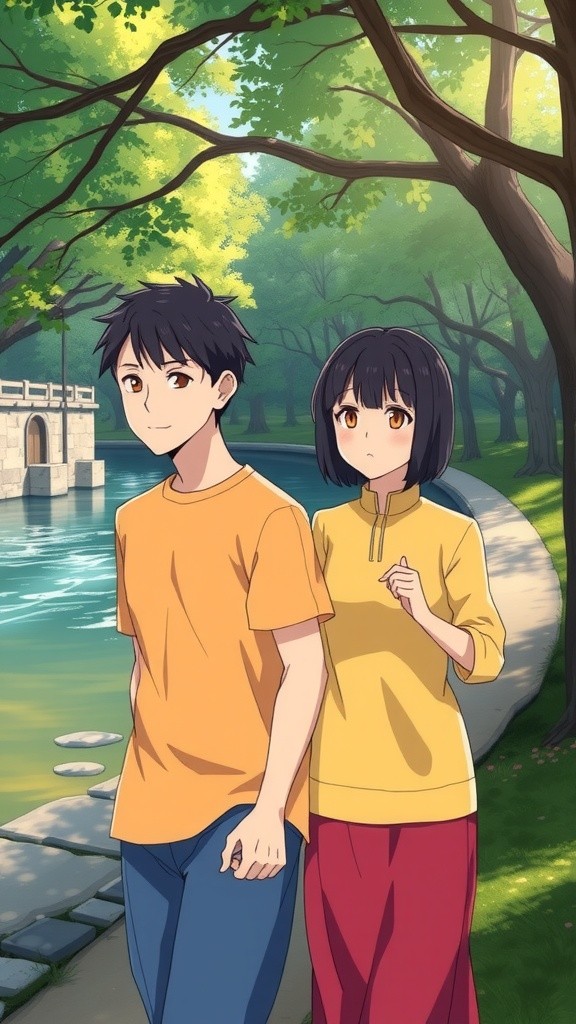 Joyful Stroll by the River in School Uniforms