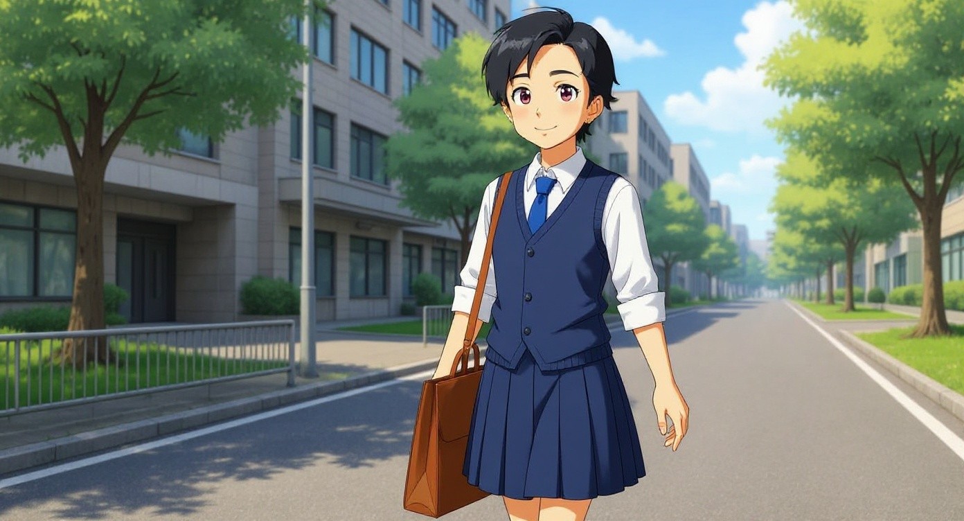 Happy Girl Walking to School with a Bag