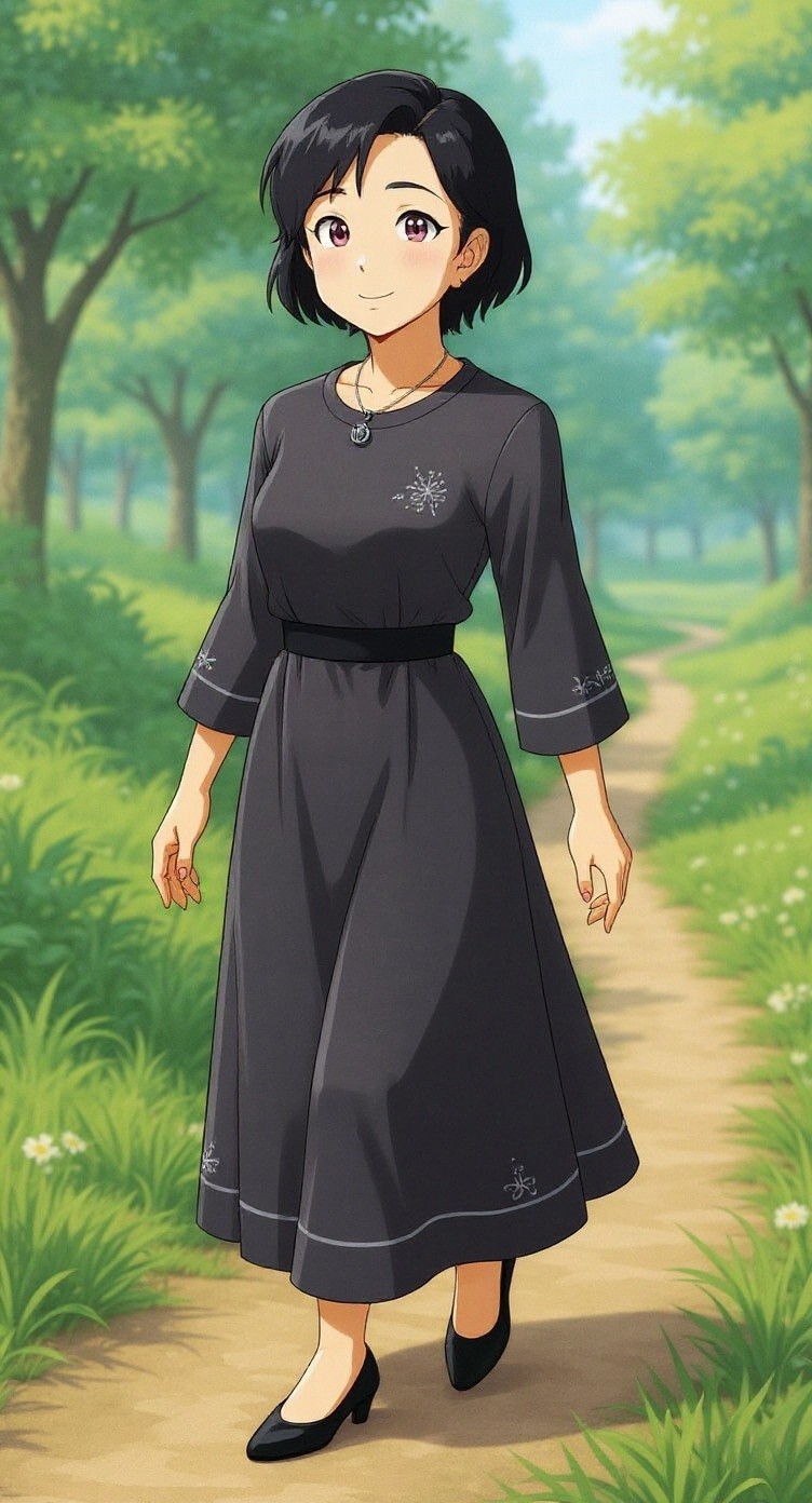 A Woman with Fair Skin and Flowing Black Hair Walks