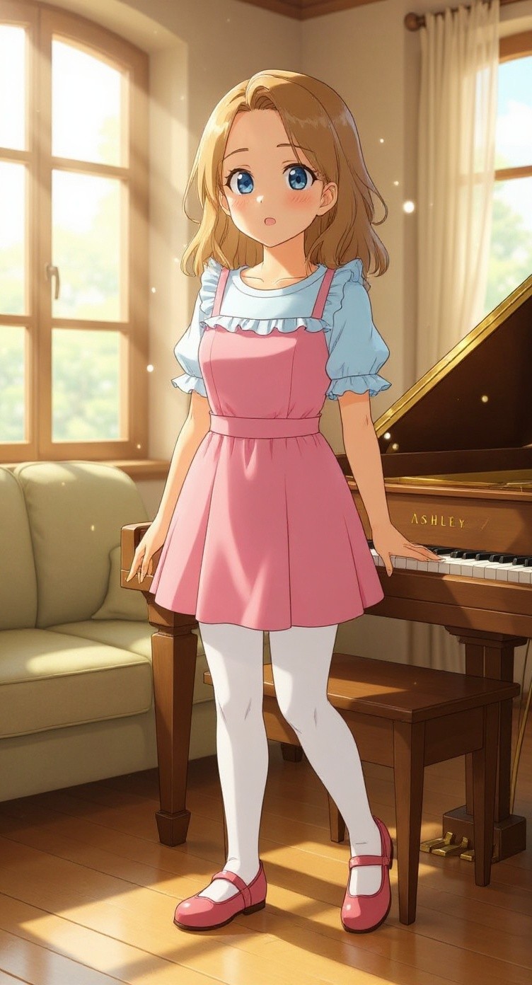 Whimsical Piano Melody: A 3D Girl's Serenade in a Cozy Living Room