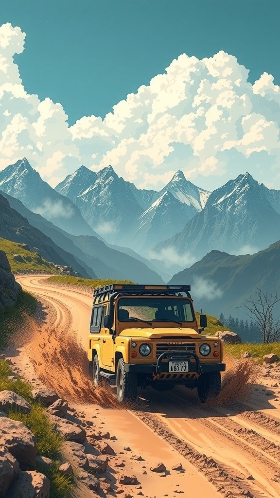 Mobil Offroad di Lumpur dengan Pemandangan Gunung