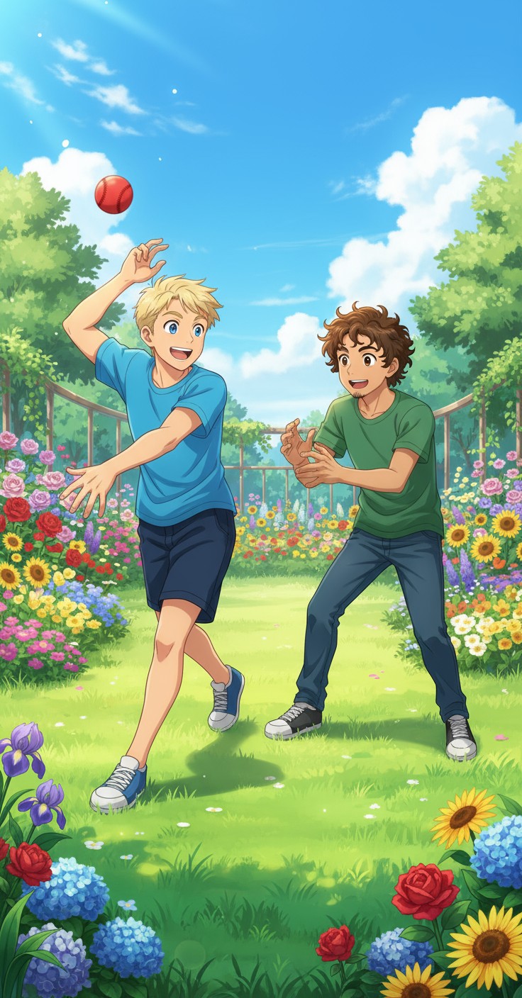 Boys Playing Ball in the Garden