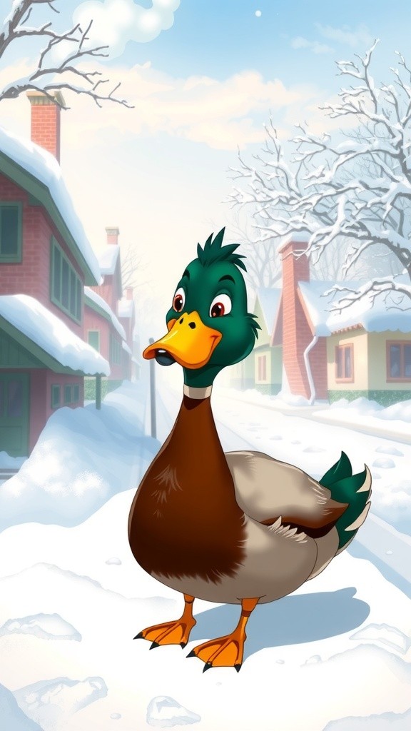 A Golden Duck Strolling in the Snow with a Hat