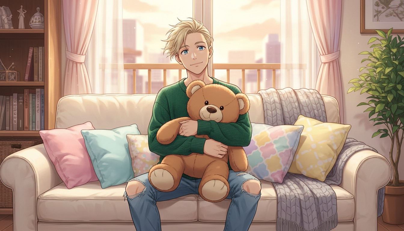 Blushing Boy with Teddy Bear and Messy Hair