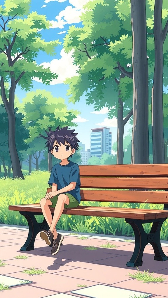 Boy Enjoying Snack on Park Bench with Headphones