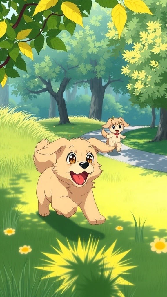 Joyful Reunion of Puppy and Mother Dog in the Park