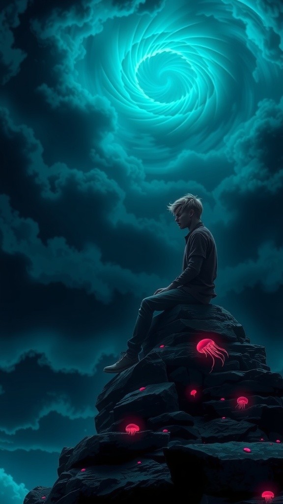A Man on the Mountain Under a Stormy Sky