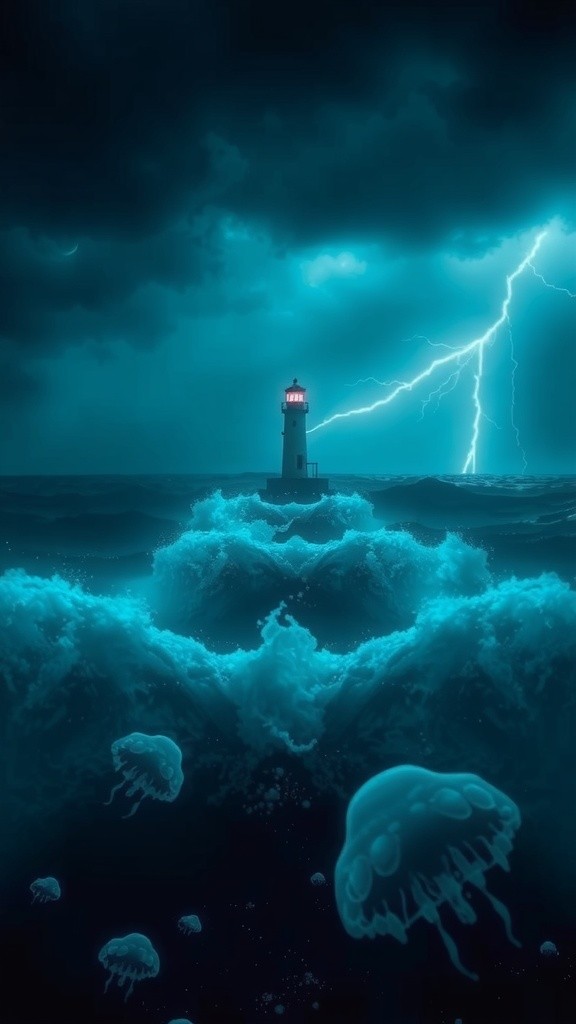 Lighthouse Lament: Serpent's Embrace in Stormy Seas