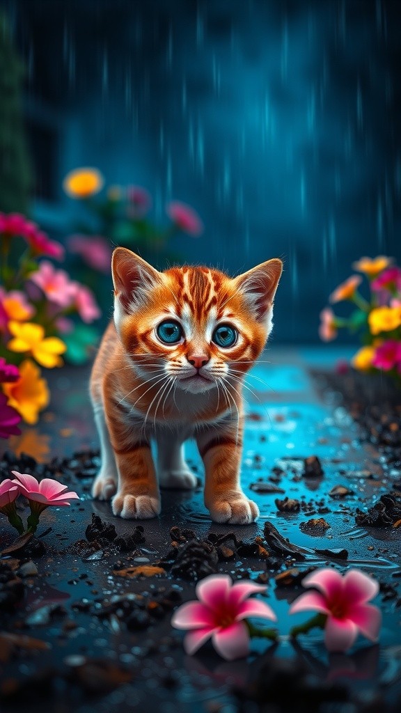 Kucing Kartun Lucu Bekerja di Tengah Hujan