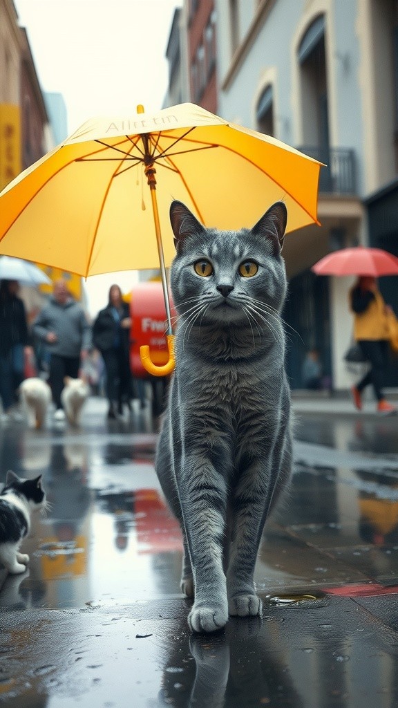Kucing Cerdas Berpayung di Tengah Hujan