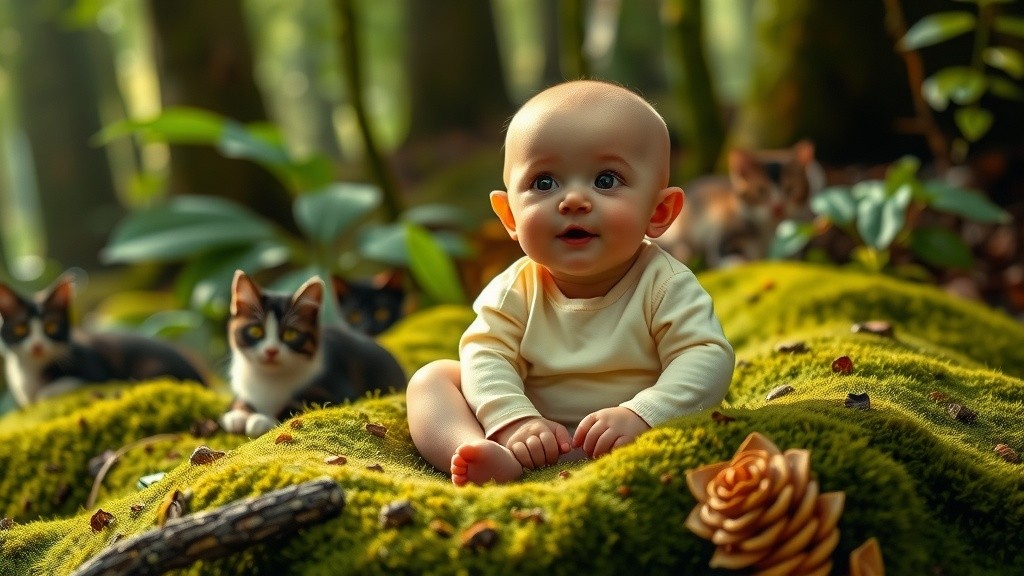 Bayi Lucu Menunggang Singa Bersenjata Dot Susu di Hutan