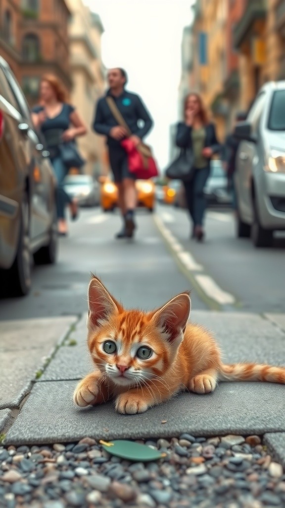 Kind Woman Helps Stray Kitten on the Road