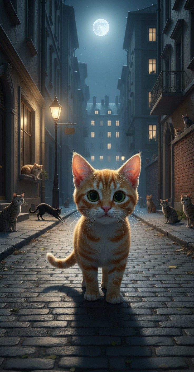 Papa Cat and His Brave Kittens at Night