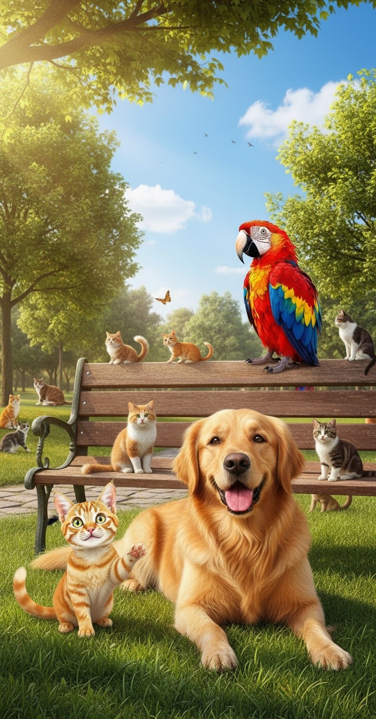 A Cute Cat with a Dog and a Bird