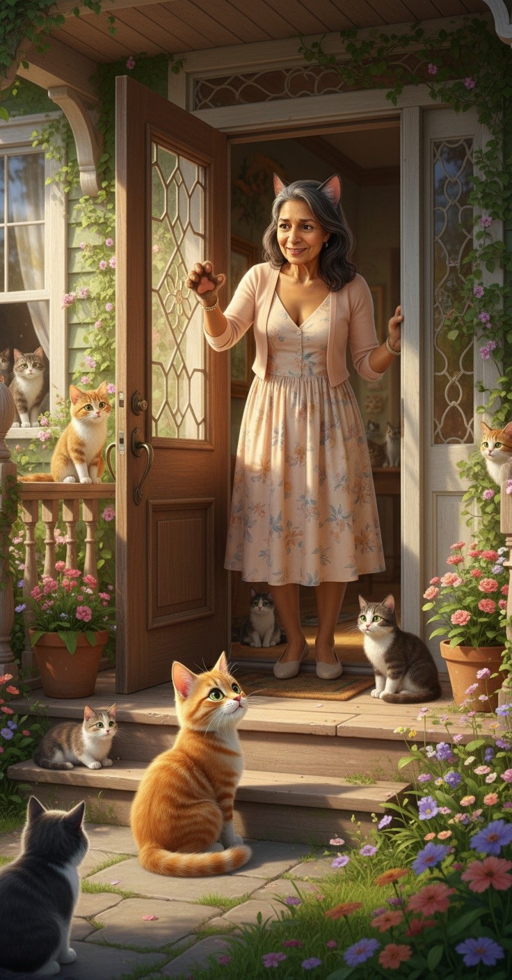 The Old Lady and Her Feline Friends