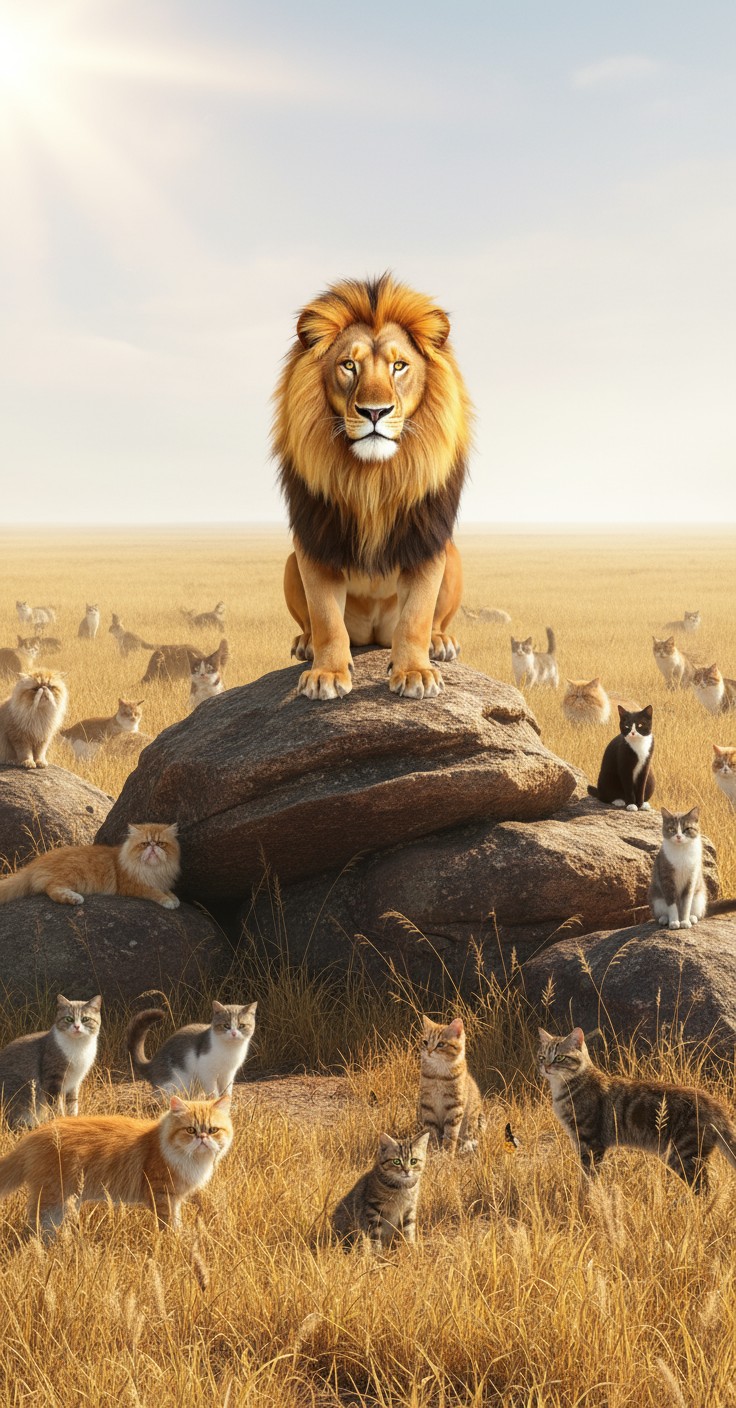 Cat kills Lion, Crocodile kills Cat, Hen swims and kills Crocodile!