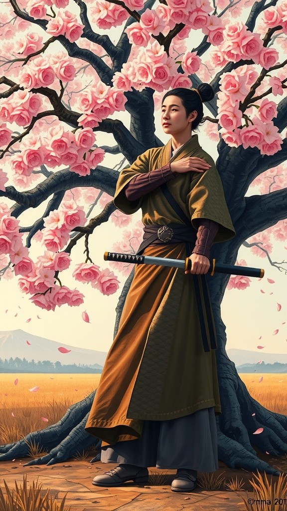 Samurai Ancestor Beneath Cherry Blossoms, 500 BCE Japan