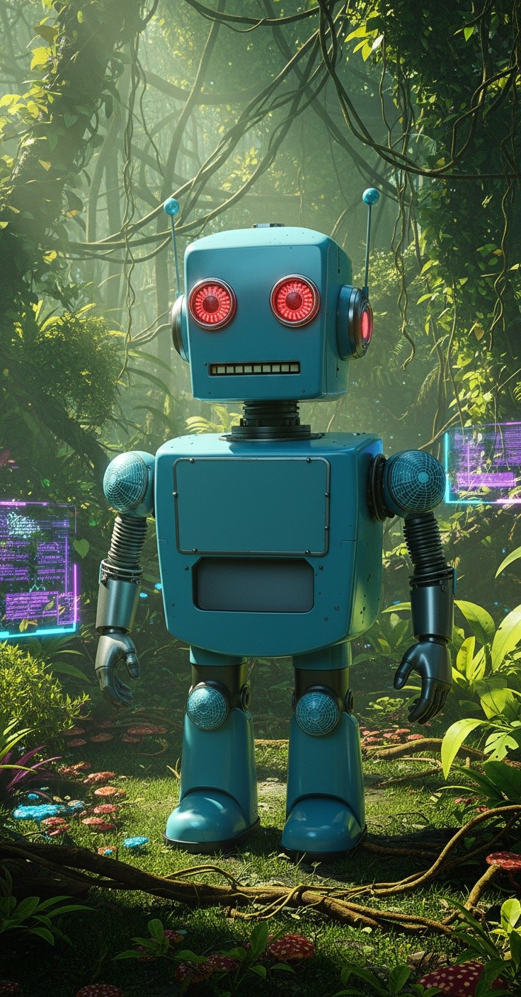 Jungle Journey: A Robot's Recharge and Reunion