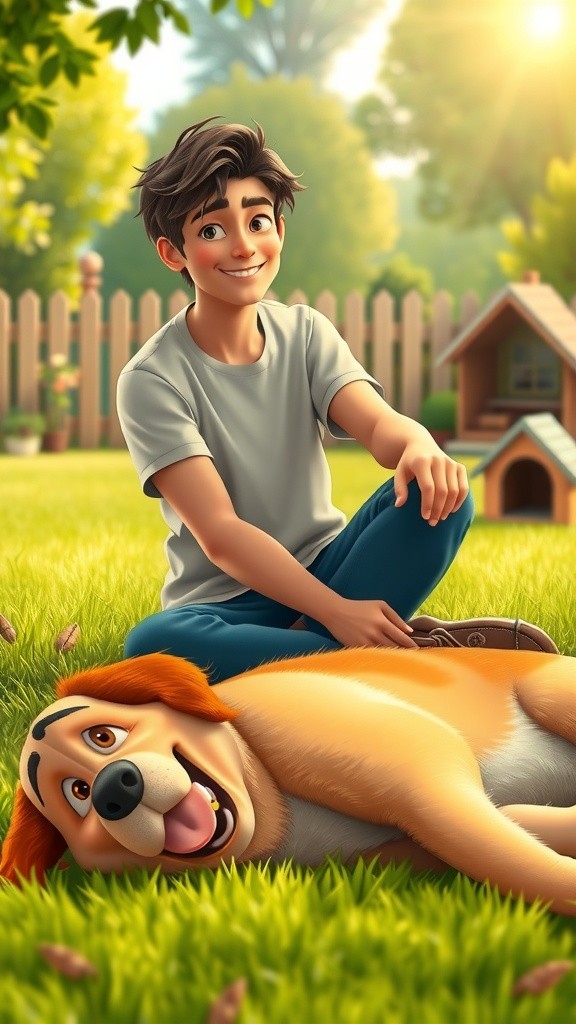 Playful Moments: 3D Cartoon Child and Dog in the Backyard