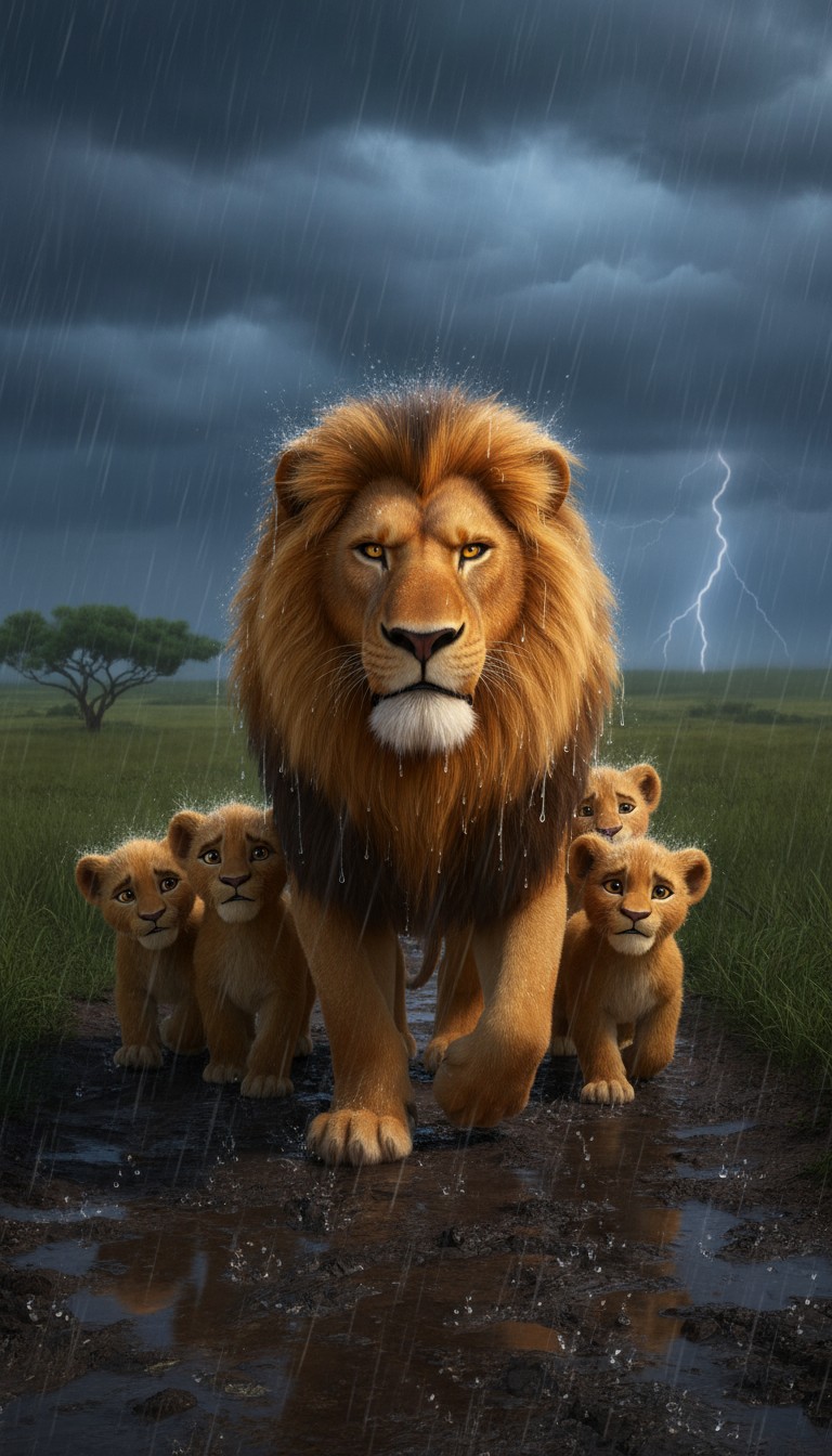 Lion and Cubs: Brave in the Rain