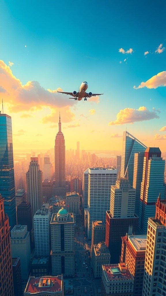 Flying High: A Cheerful Adventure in a Colorful Sunset Skyline