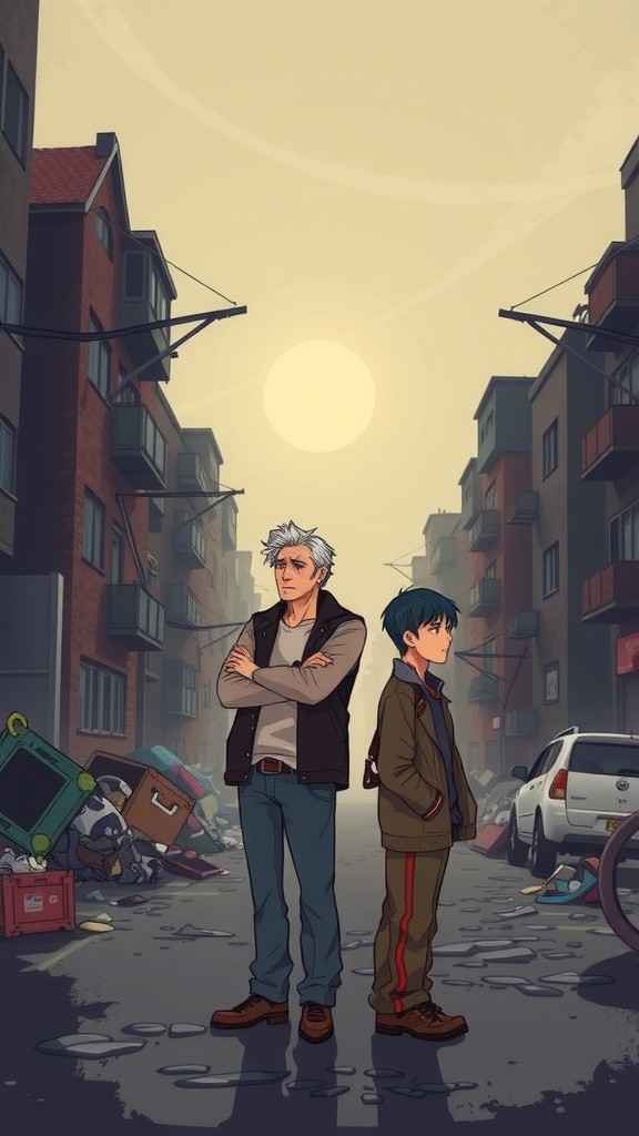 Two Boys Surviving Pollution from Human Activities