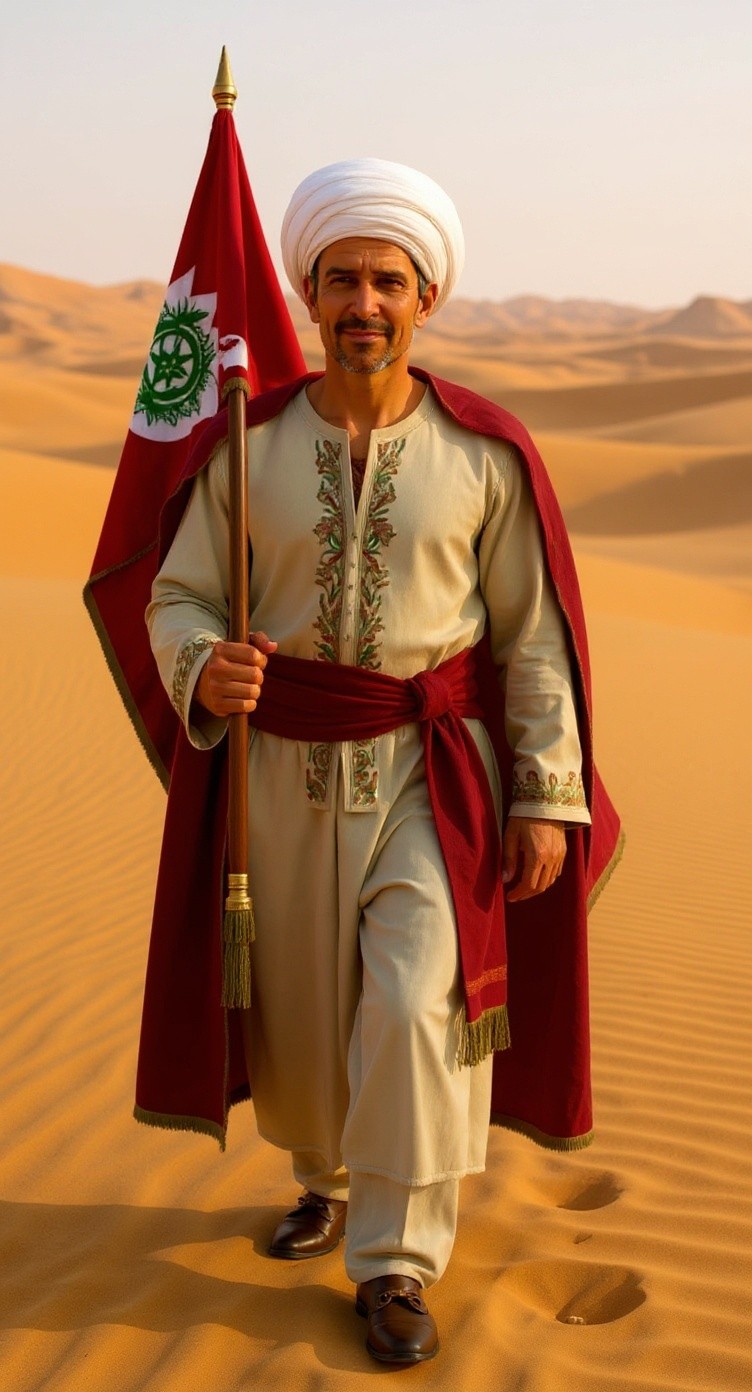 Majestic Journey: Man, Lion, and the Moroccan Flag in the Desert