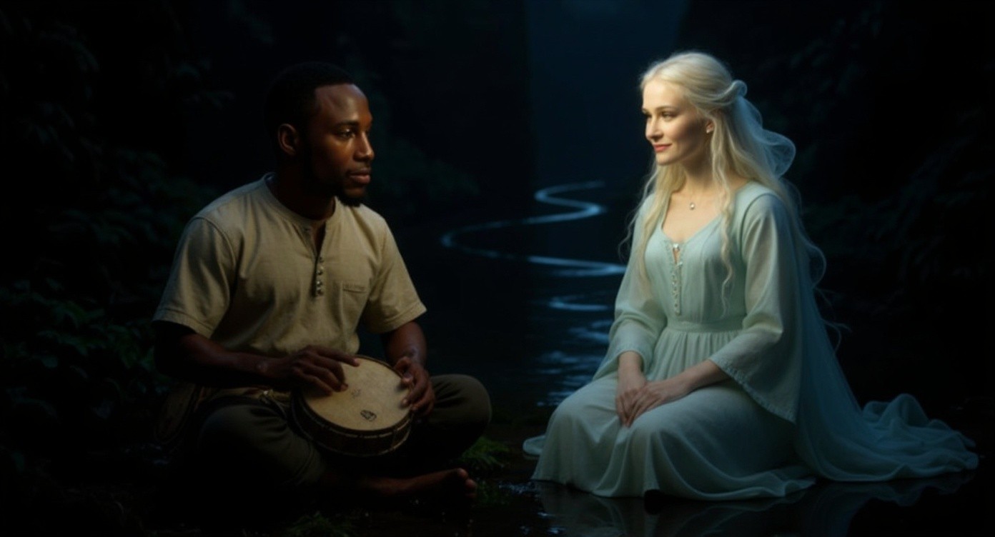 The Drummer and the River Goddess: A Dance of Spirits