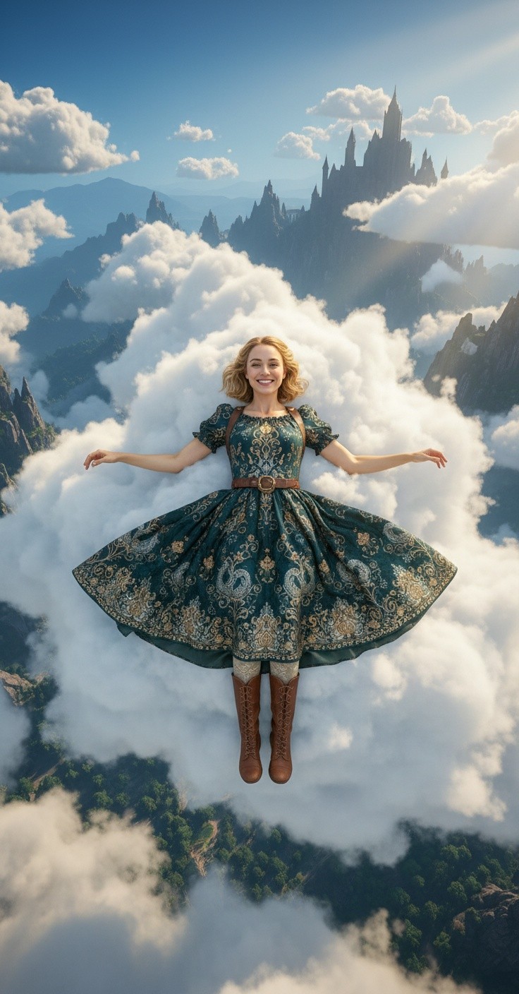 Girl's Magical Adventure with Clouds, Stars, and Rainbows