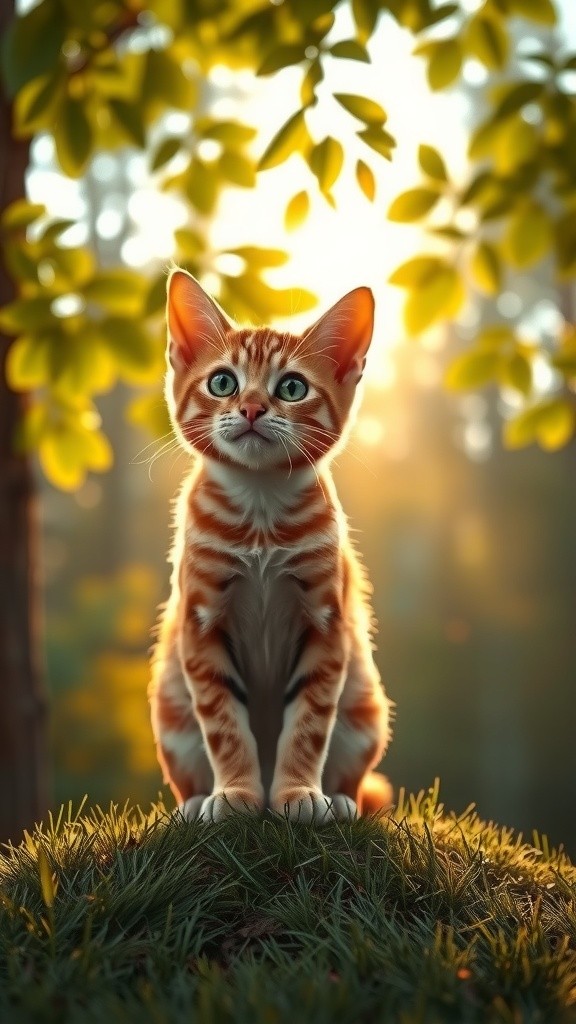 A Cute Orange Cat's Journey into the Enchanted Green Forest at Sunrise