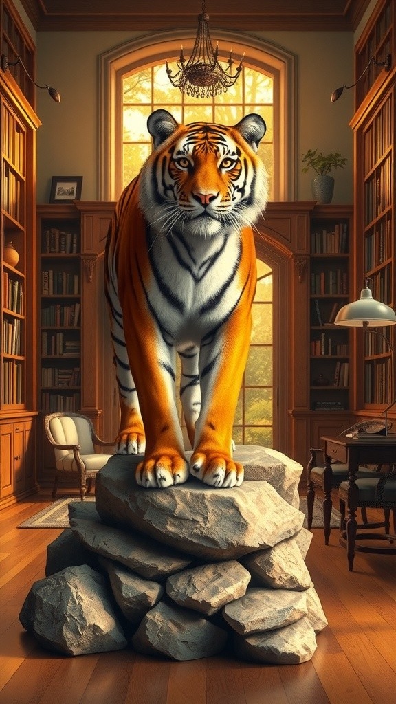 Ultra-Realistic Scenes of Oversized White Tigers with Humans in Cozy Interiors