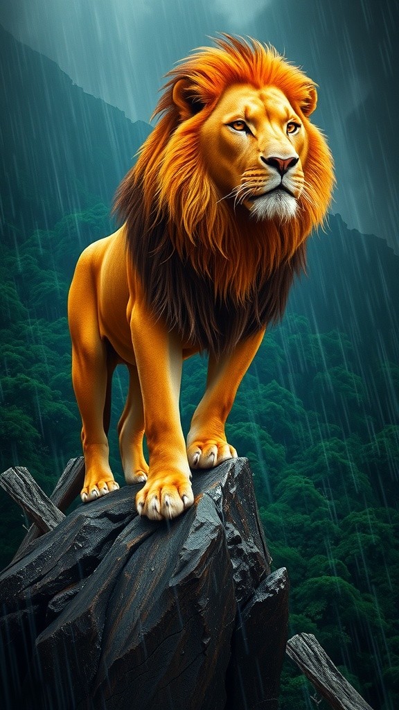 Lion Walking in Rainy Forest