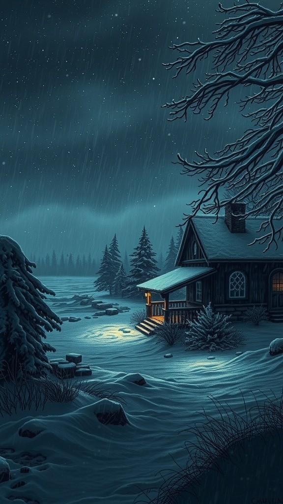 Bioluminescent Cats and Birds on a Snowy Porch