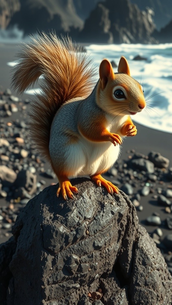 Realistic Squirrel Running on Volcanic Shore