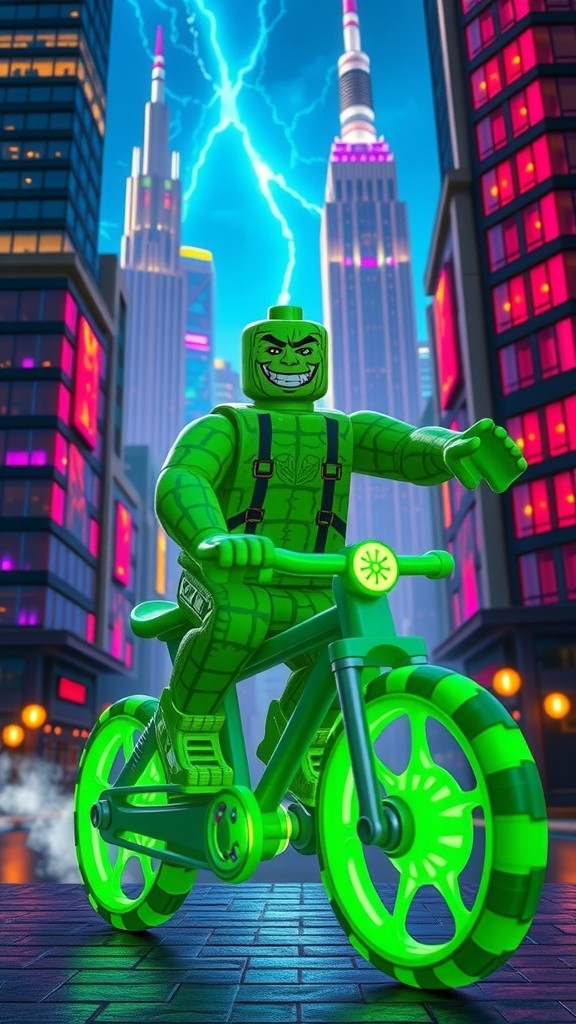Superhero Cyclist: The Watermelon Odyssey in a Neon LEGO City