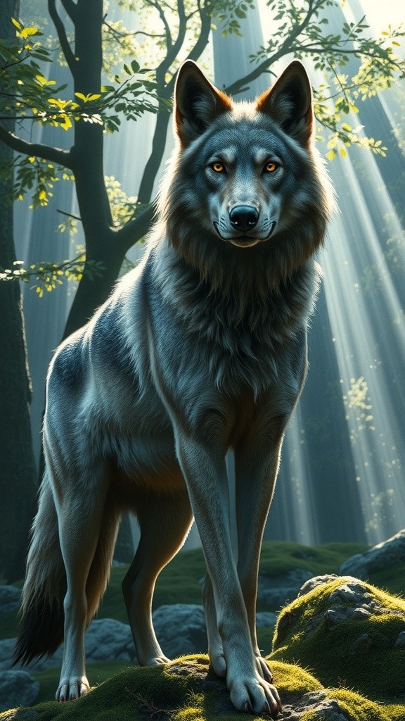 Prowling Shadows: Muscular Wolf Humanoid in Forest Light