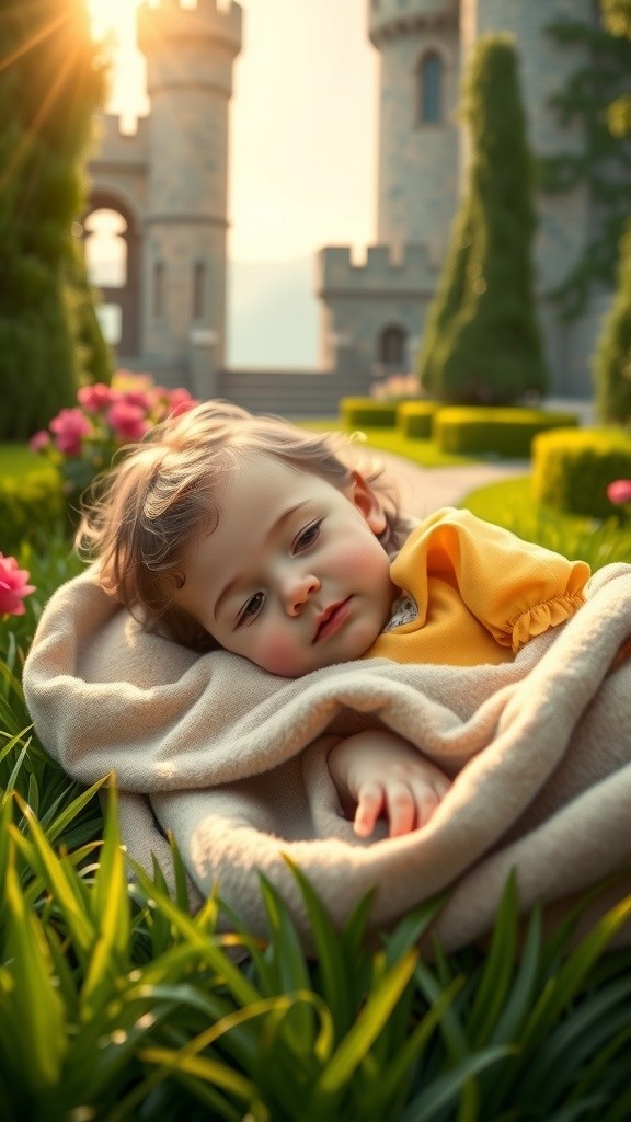 A Princess's Embrace: A Newborn's Calm in the Royal Garden